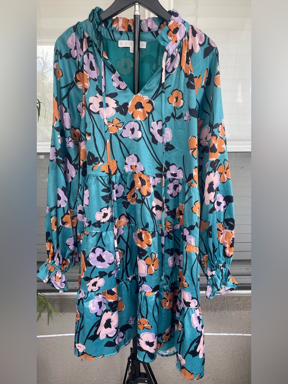 Karlie Teal Floral V-Neck Dress with Lavender and Orange Blooms